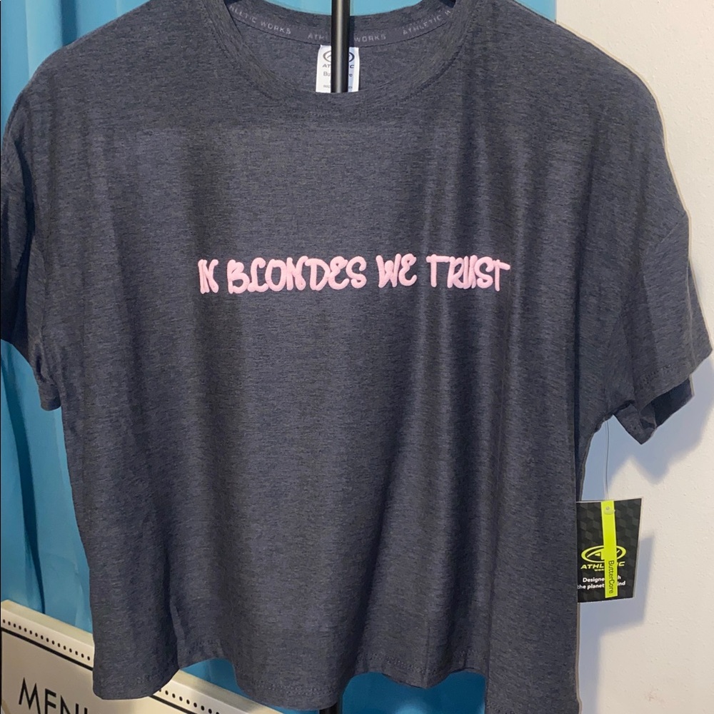 NWT!! IN BLONDES WE TRUST- PUFF VINYL CROP- BUTTERCORE TEE